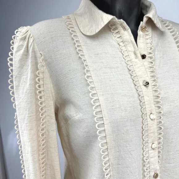 KEEPSAKE The Label Oatmeal Linen Blend Loop Trim Bishop Sleeve Blouse Size 4 - Picture 7 of 9